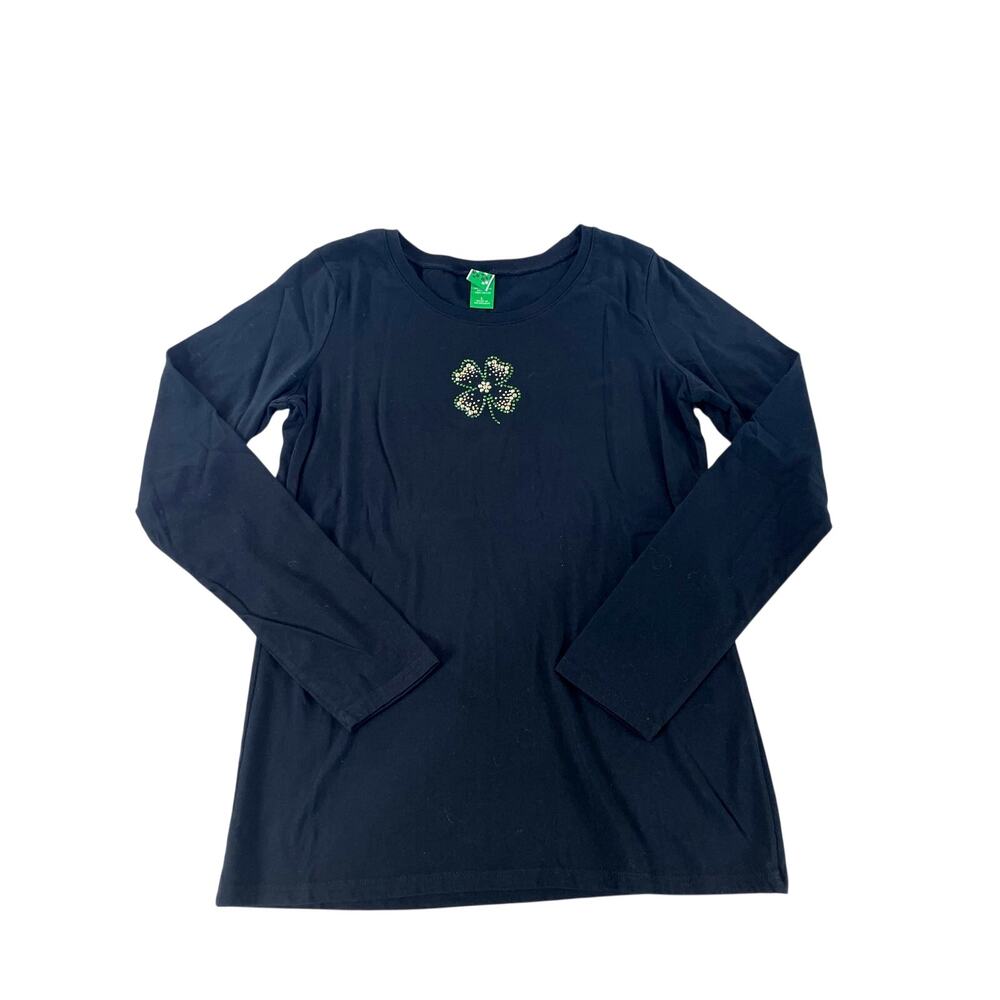 Green Label Top Size L Navy Shamrock Rhinestone Long Sleeve Scoop Neck Tunic